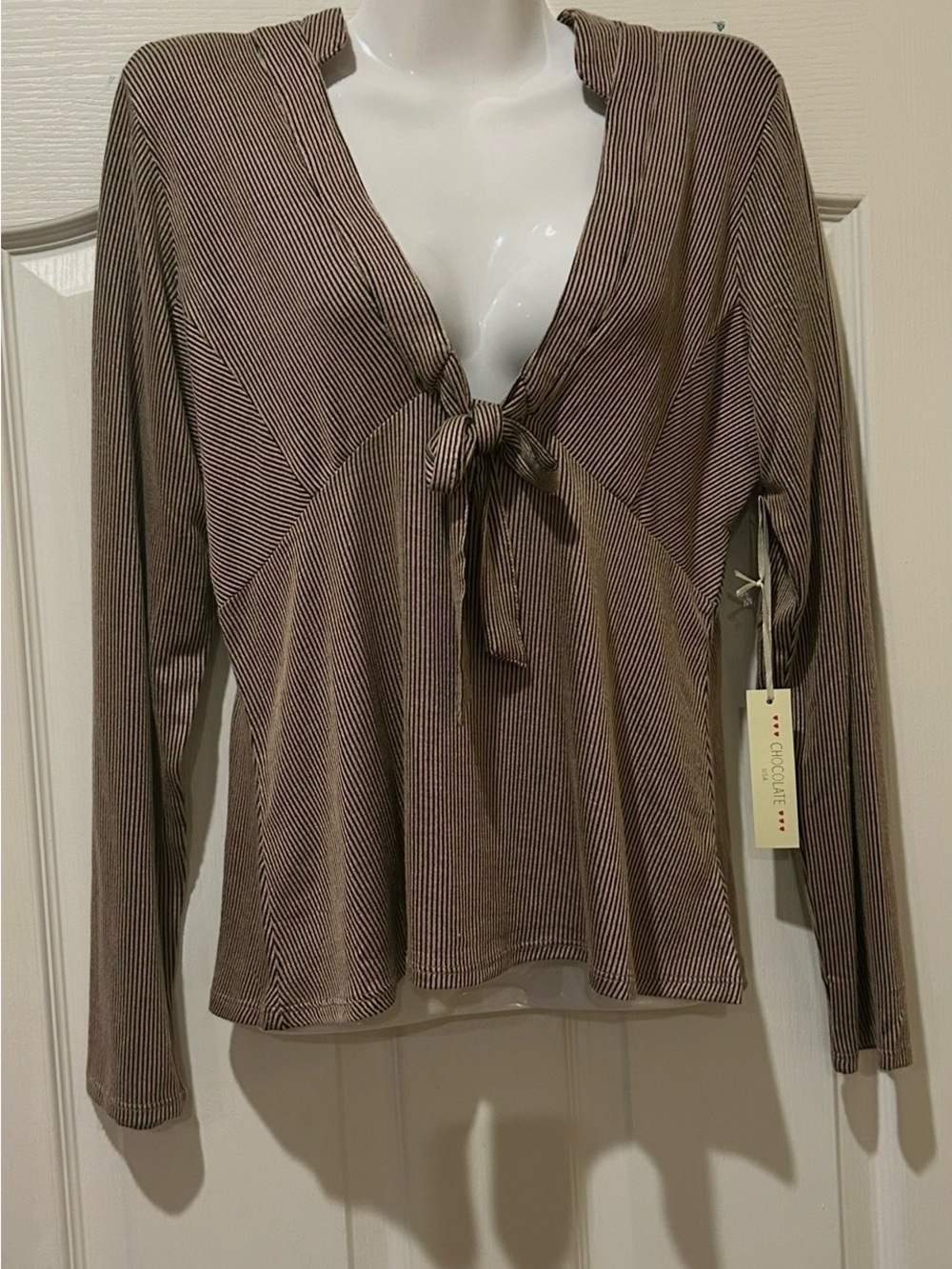 Tie-Front Long Sleeve Blouse in Taupe Stripe